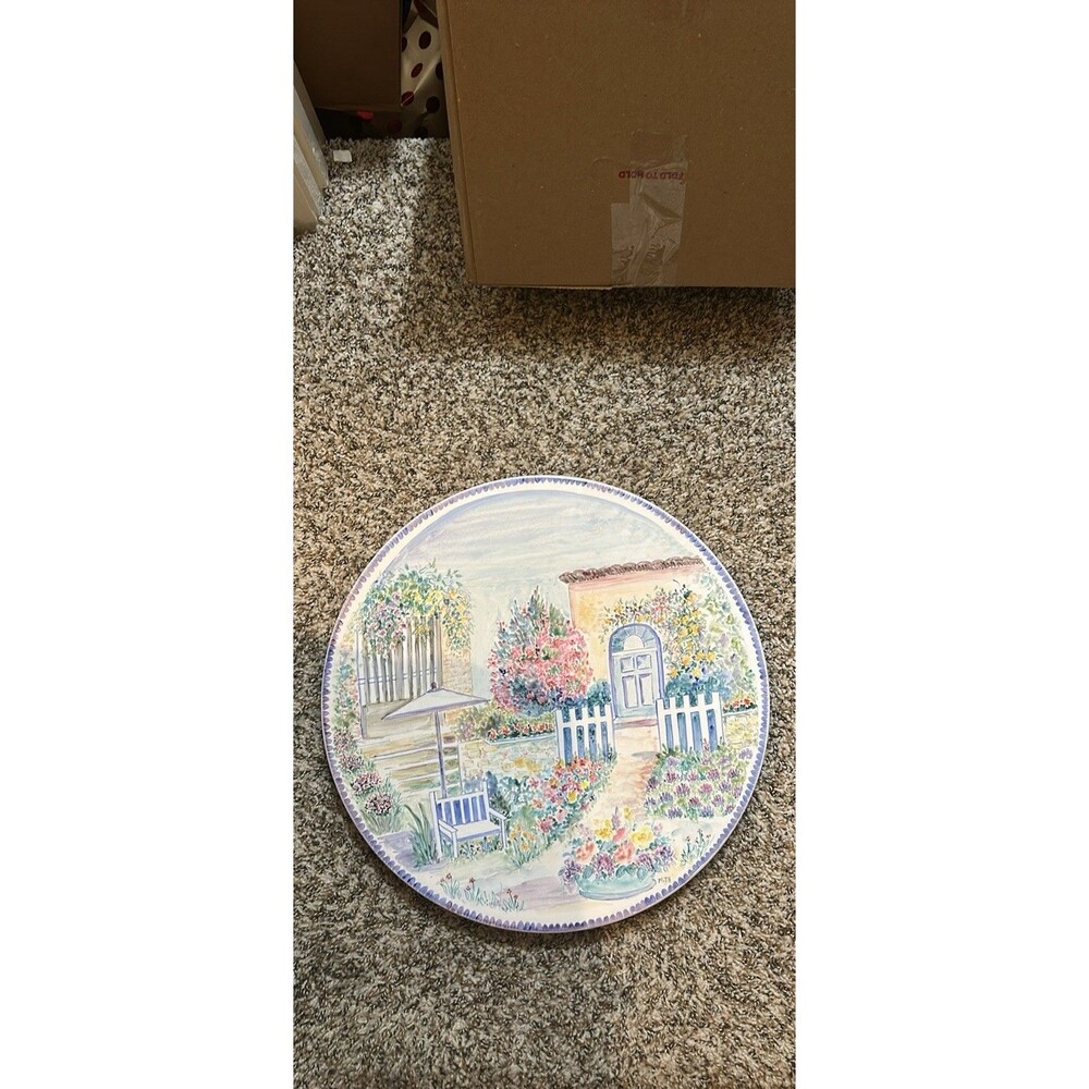 Atelier Tholance Hand Painted Faience Garden Scene Plate 11.75" France 1989
